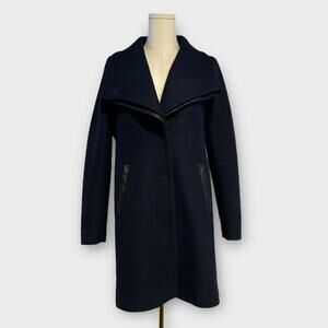 Soia & Kyo Jana Wool Blend Asymmetrical Leather Trim Coat Navy Size Small
